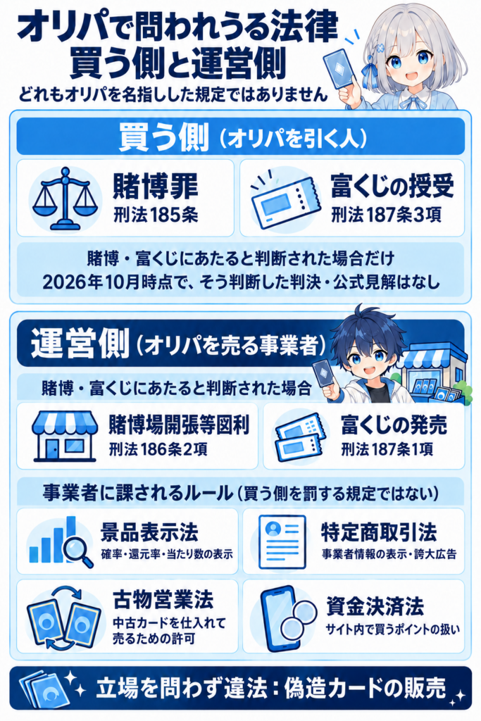 オリパで問われうる法律を買う側と運営側に分けた図。買う側は賭博罪 (刑法185条) と富くじの授受 (刑法187条3項) が条文上の対象で、賭博・富くじにあたると判断された場合だけ。運営側は賭博場開張等図利 (刑法186条2項)・富くじの発売 (刑法187条1項) に加え、景品表示法・特定商取引法・古物営業法・資金決済法のルールが課される。偽造カードの販売は立場を問わず違法